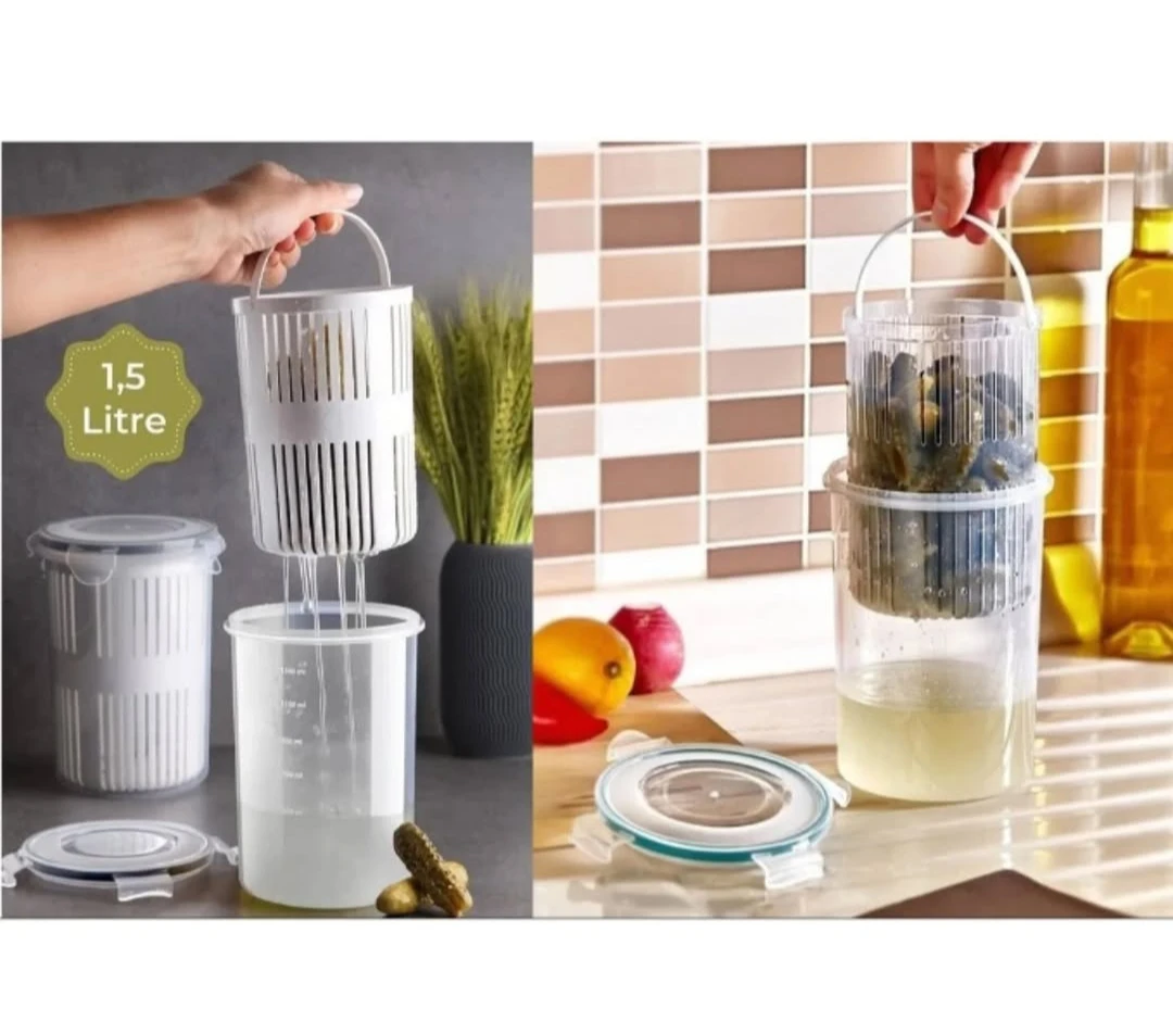 1500 ml Zeytun və Turşu Saxlama Qabı – Süzgəcli, Kilidli Qapaqlı və Şəffaf Dizaynlı Mətbəx Orqanayzeri