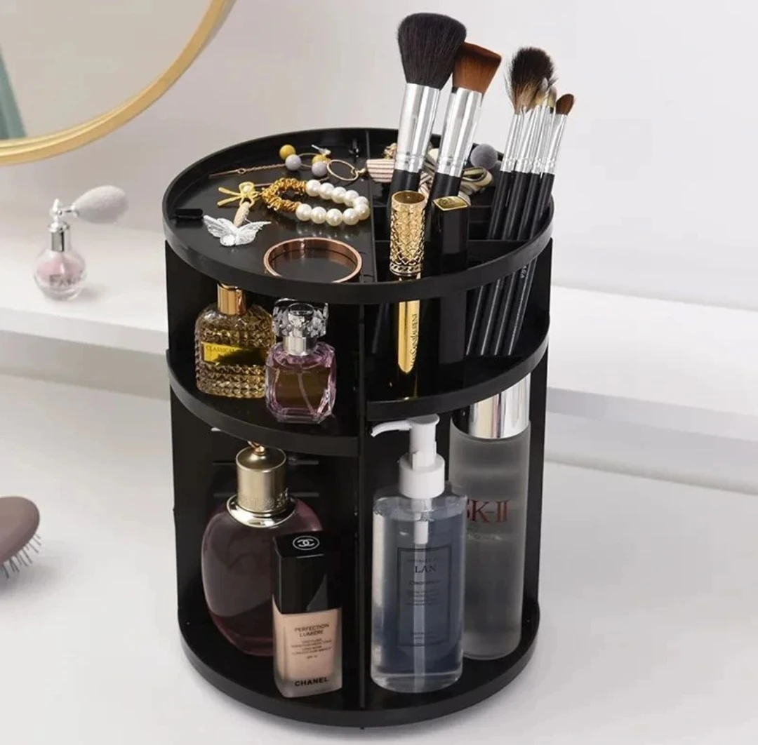 3 Mərtəbəli 360° Fırlanan Kosmetik Orqanayzer – Akril, Tənzimlənən Geniş Həcmli Makiyaj Rəfi